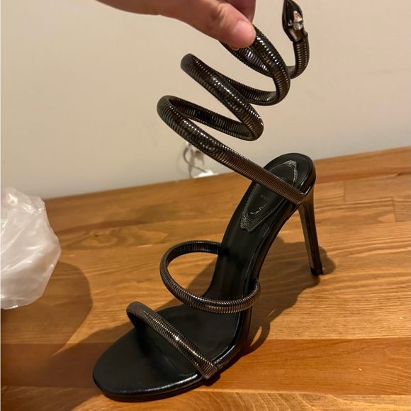 Rene Caovilla Cleo Snake Jeweled Juniper Elegant Black Leather Spiral Heels - Picture 6 of 7